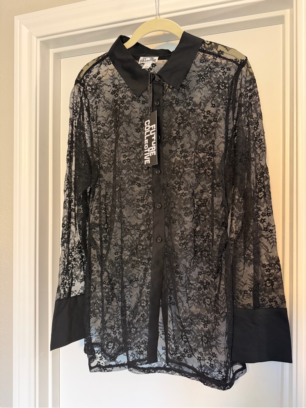 Target Black Sheer Lace Button-Up Blouse - Picture 3 of 9